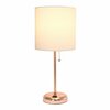 Creekwood Home Oslo 19.5in Contemporary Power Outlet Base Metal Table Lamp, Rose Gold, White Drum Fabric Shade CWT-2010-RG